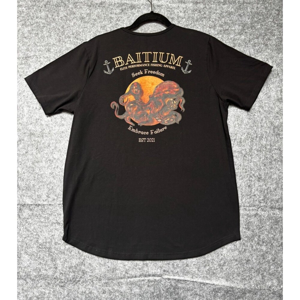 Baitium Mens XL Black Octopus Graphic Fishing T-Shirt Short Sleeve Stretch